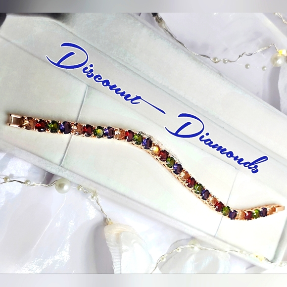 Multi Colored Tennis Bracelet 18K Rose Gold 925 Featuring 6 Different Gemstones - Picture 1 of 8